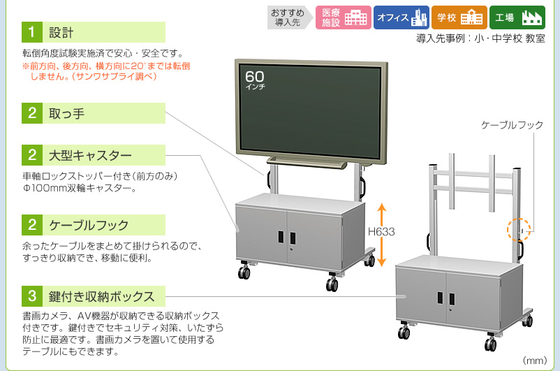 設計 取っ手 大型キャスター ケーブルフック 鍵付き収納ボックス