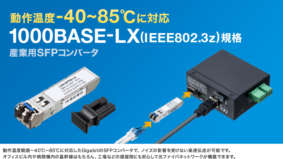 デジタル診断監視DDMI対応、1000BASE-LX準拠、動作温度－40～85℃の産業用SFPコンバータ。
