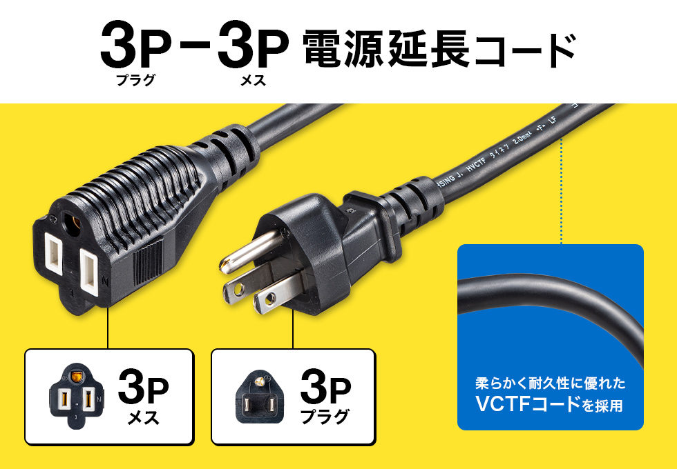 電源タップなどの電源コードを延長できる。ブラック・5m。