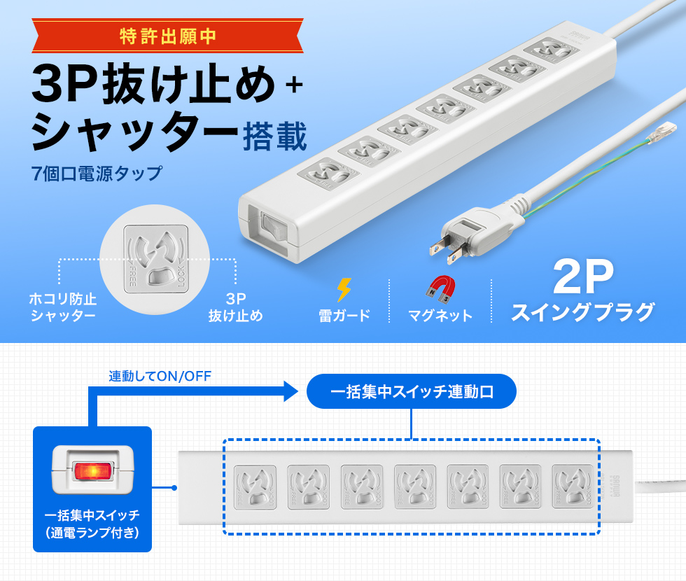 3P抜け止め7個口、集中スイッチ、マグネット、シャッター付き、雷ガード付きタップ。2m。2Pスイングプラグ。
