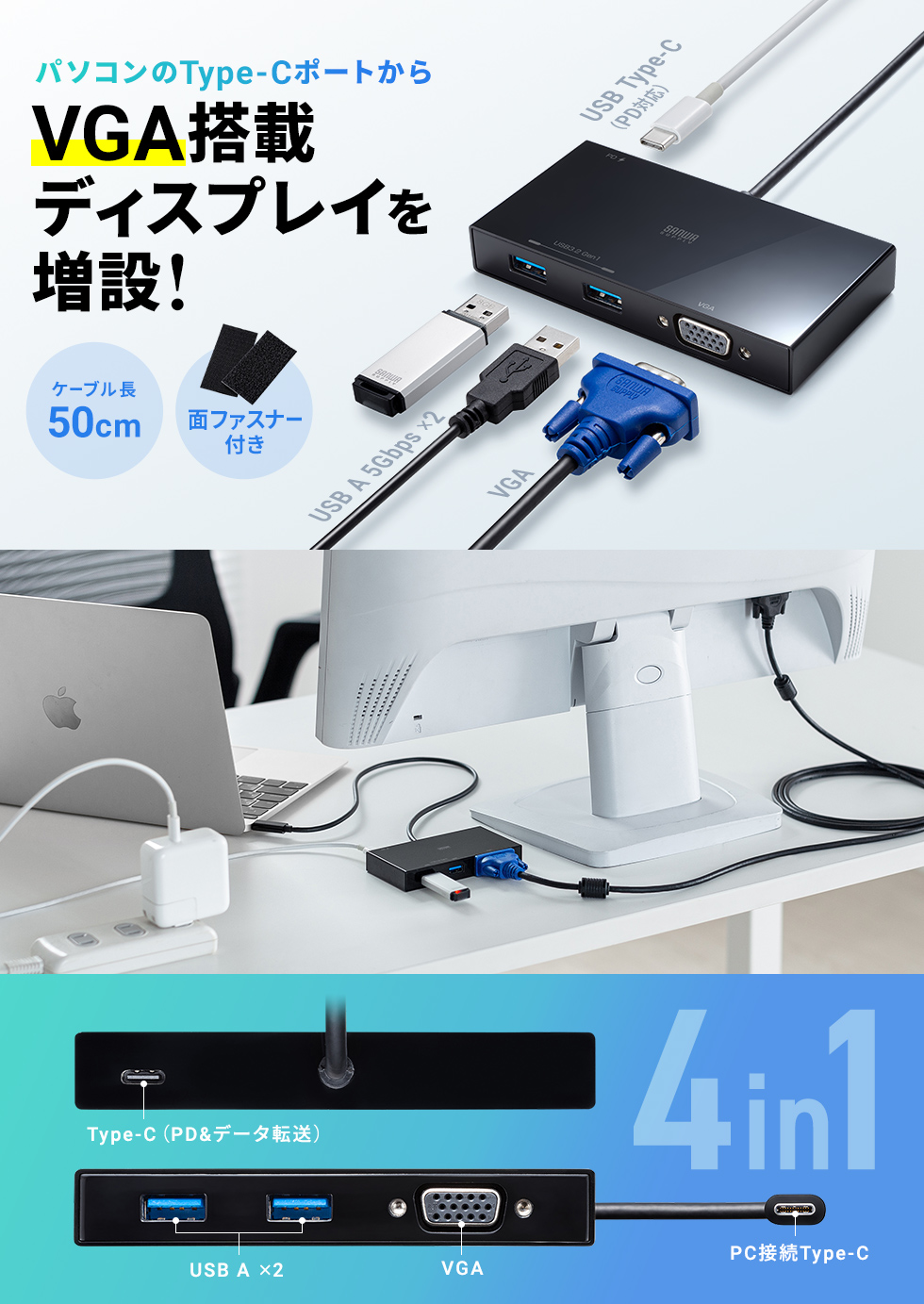 VGAポートを搭載。VGA対応のモニターへの出力ができるType-Cハブ。