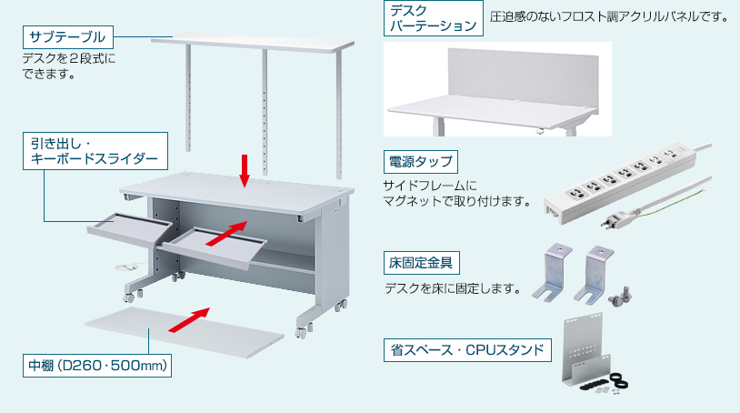 サブテーブル　引き出し・キーボードスライダー　中棚